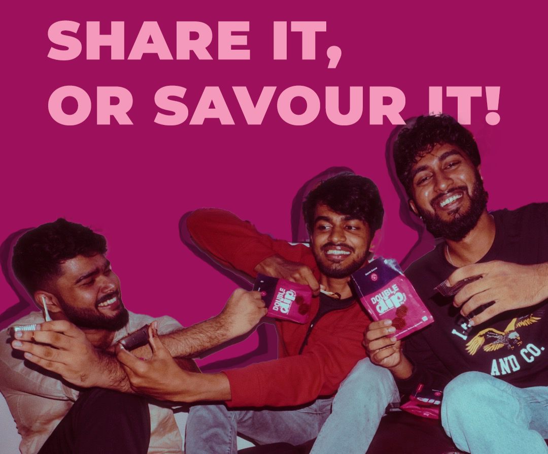 Three people sitting together with a product, surrounded by text on a pink background